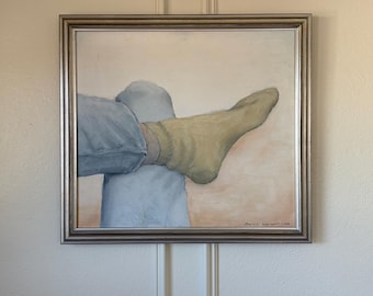 Pintura a óleo sueca original de meados do século XX - Autorretrato de Bertil Warnolf, 1968 - Arte escandinava emoldurada - Pintura surrealista vintage