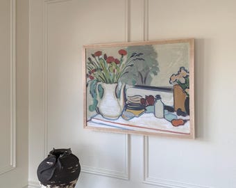 Vintage svensk oljemålning: Fåfänga stilleben med blommor och flaskor, 1950-talet signerad