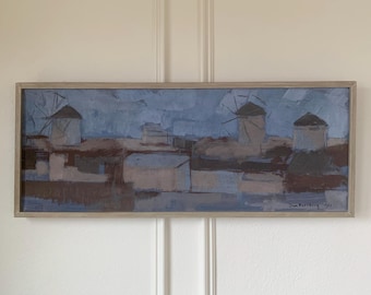 Stary obraz olejny Jana Forsberga: Szwedzki pejzaż miejski. Młyny na Mykanos, 1961 r.