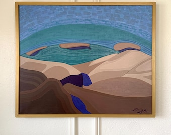 Obraz olejny Arne Norberga, Pejzaż nadmorski, surrealistyczna modernistyczna sztuka ścienna (1991)