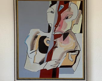Original 1950s Mid Century Swedish Abstract Portrait Oil Painting - Vintage Scandinavian Modernist Wall Art, Surrealist Expressionist Oil