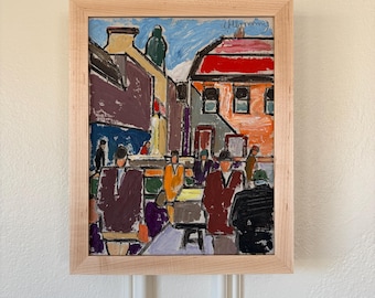 Mid Century Modern Painting, Original Vintage Abstract Cityscape by Wilhelm Henning, Swedish 1960s Retro Framed Artwork for Living Room