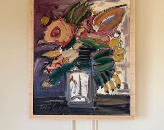 Original Kulo Green Oil Painting "Expressive Spring Bouquet" ca 1950s - Vintage Swedish Modernist Floral Still Life - Framed Swedish Decor
