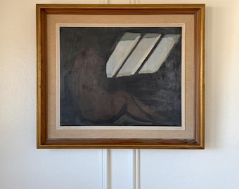 Pintura a óleo sueca de meados do século XX, de Evert Farhm - Nu nas Sombras, por volta de 1950 - Obra de arte original assinada do pós-guerra - Emoldurada, estilo nórdico moderno vintage.