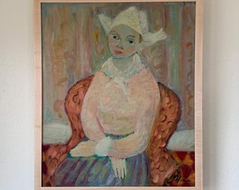 Stary szwedzki obraz olejny Portret kobiety w kapeluszu, Eric Elfven Art, skandynawski modernizm lat 40. XX wieku