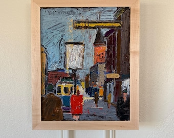 Original MCM Swedish Oil Painting by Wilhelm Henning "Walking to the Tram" ca 1940s - Vintage Scandinavian Urban Street Scene - Framed