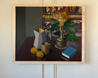 Mid Century Modern Still Life Oil Painting - 1960s Swedish Vintage Original Art - Framed Modernist Tapestry Fine Art - Scandinavian Decor