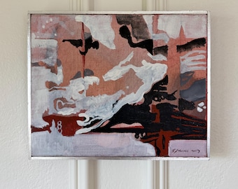 Abstrakcyjny obraz olejny Gunnara Johnssona, różowy obraz na płótnie w stylu mid-century modern (ok. lat 70. XX w.)