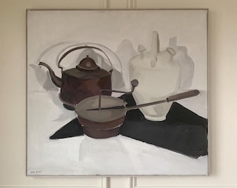 Stary obraz olejny Allana Erwo: Martwa natura w szwedzkiej kuchni, lata 60. XX wieku