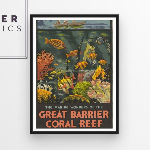 Great Barrier Reef Travel Poster, Queensland, Australia - Digital Download of vintage print. Gorgeous retro travel poster Coral Reef Art