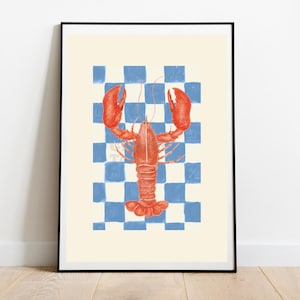 Retro Lobster Print: Checkerboard Kitchen Wall Art - 70s Coastal Decor