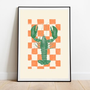 Retro Lobster Print: Checkerboard Kitchen Art - 70s Coastal Decor
