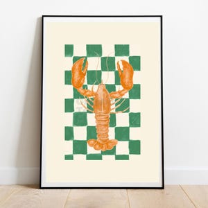 Retro Lobster Print: Checkerboard Kitchen Art - 70s Coastal Decor