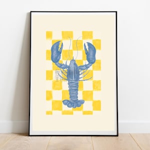 Retro Lobster Print: Checkerboard Kitchen Art - 70s Coastal Decor