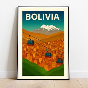 La Paz Bolivia Print – Vintage Cable Car Travel Poster | Mountain City Wall Art | Urban Andean Landscape | Retro Travel Decor
