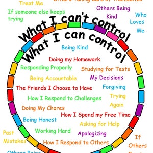 May include: A colorful circular chart with the text "What I can't control" and "What I can control" in a rainbow pattern. The chart lists things that are within a person's control, such as being kind, doing homework, and responding properly, and things that are outside of a person's control, such as death, who likes them, and how others treat them.