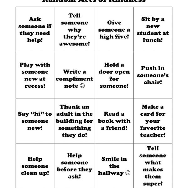 Random Acts of Kindness Bingo