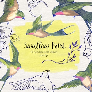 Clipart d’oiseau d’hirondelle peint à la main, illustration d’oiseau volant, ensemble graphique à l’aquarelle, fichiers 18 png, utilisation commerciale, téléchargement instantané