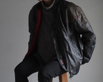 Oversized Leather Bomber Jacket | Gray Green Red  | Vintage