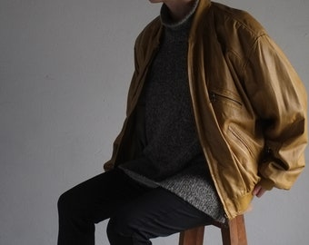 Oversized Leather Bomber Jacket | Yellowish Mustard Beige  | Vintage