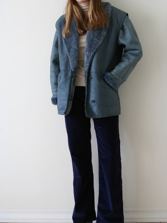 80s blue sheepskin coat/shearling coat vintage - image 5