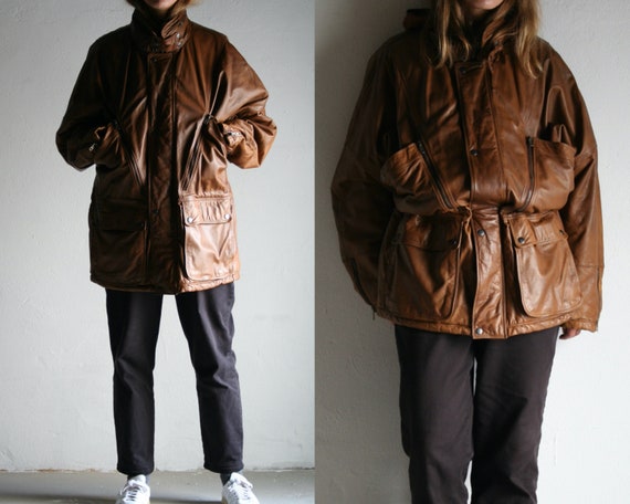 Vintage Oversized Cognac Leather Parka Jacket