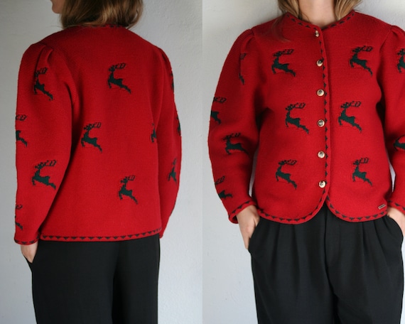 vintage Christmas puff sleeve cardigan wool/red/wo