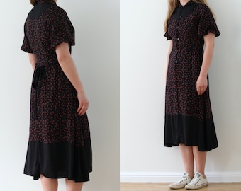 vintage black floral round-collar dress/buttoned summer dress/viscose