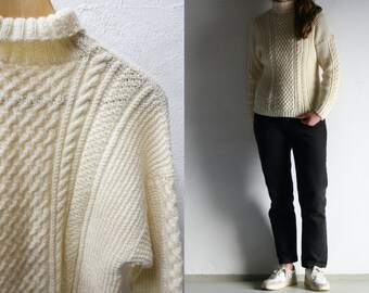 Pull Vintage Col Roulé En Maille Torsadée - Taille 36 - Blanc - Occasion Très Bon état