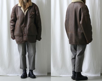 90s Brown Shearling Leather Coat/Oversized/Sheepskin Jacket/Vintage