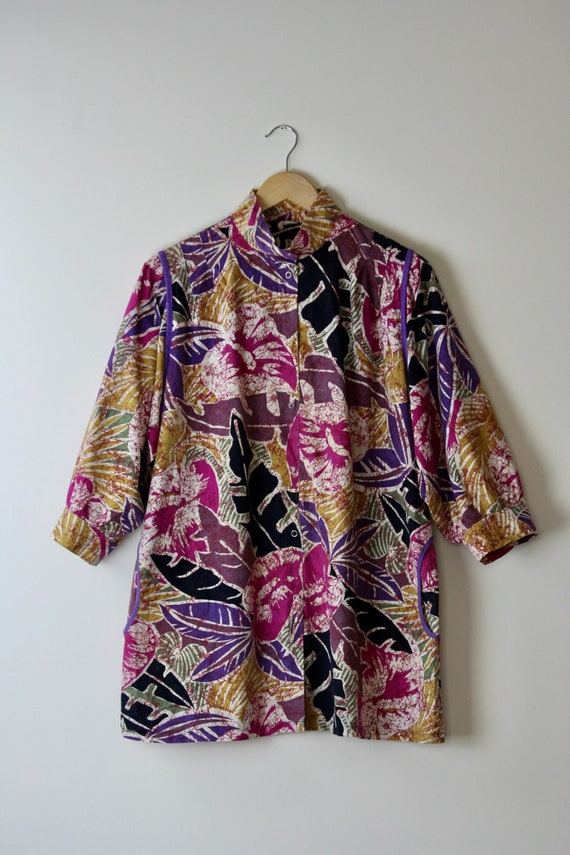 80s puff sleeve blouse cotton abstract floral pri… - image 4