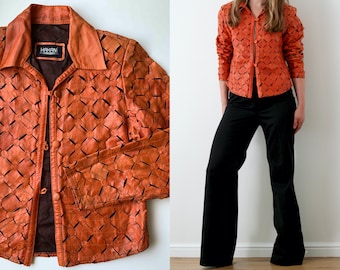 Orange Leather Shirt Jacket/Perforated Leather Blazer/Vintage