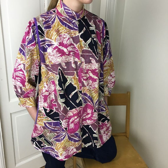 80s puff sleeve blouse cotton abstract floral pri… - image 3