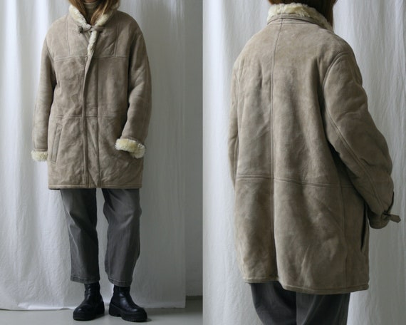 90s Gray Shearling Jacket/Zip/Oversized/Vintage