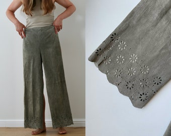 vintage suede cropped pants/green leather trousers/vintage