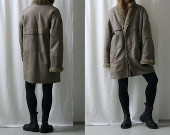 90s Taupe Gray Shearling Coat/Leather/Oversized/Vintage