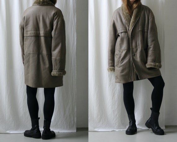 90s Taupe Gray Shearling Coat/Leather/Oversized/Vintage