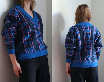90s wool sweater v-neck/blue pink/unisex/vintage