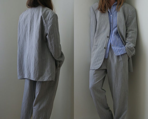 vintage oversized linen suit/gray pants suit/unise