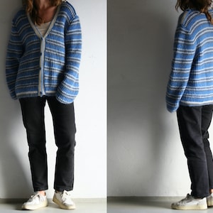 blue striped mohair cardigan/v-neck/vintage