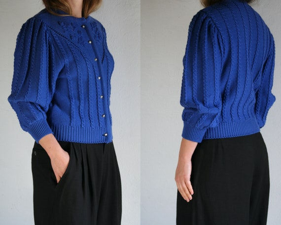 vintage puff sleeve cardigan wool/women/royal blue