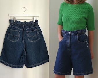 80s elastic waist denim shorts/vintage high-waisted wide shorts unisex