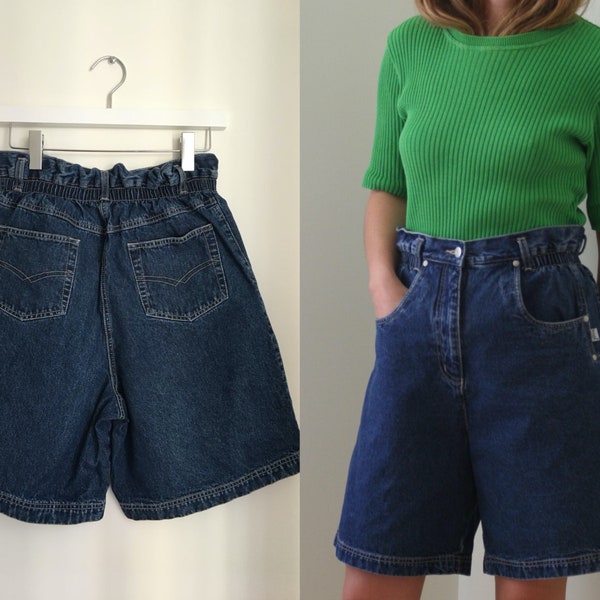 80s elastic waist denim shorts/vintage high-waisted wide shorts unisex