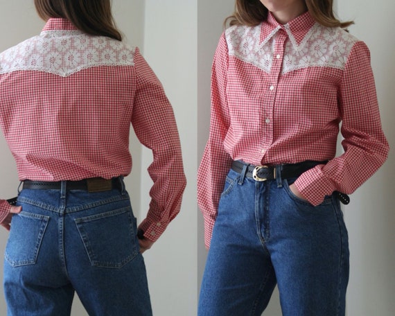 70s Vichy Statement Collar Blouse/Lace Collar/Cowg