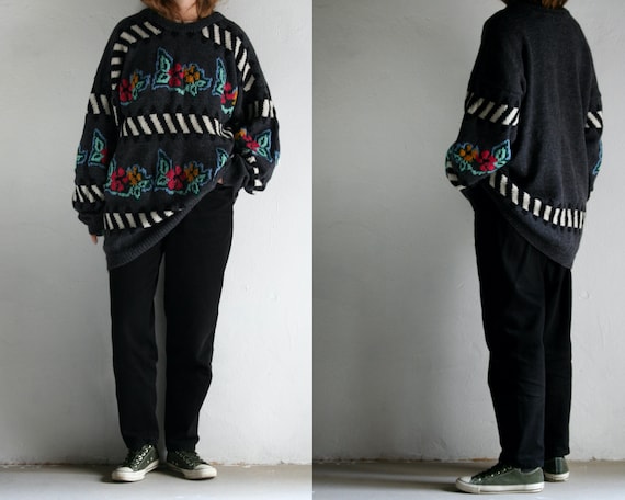 vintage oversized sweater wool/unisex/floral strip