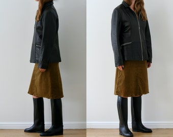 black leather zip jacket/long line/women/vintage