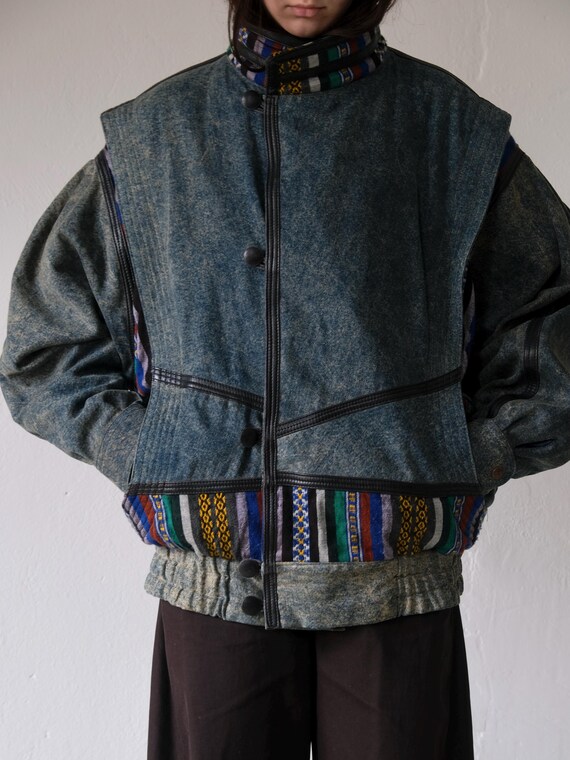 Ethnic Patchwork Denim Bomber Jacket | 1980s - image 3