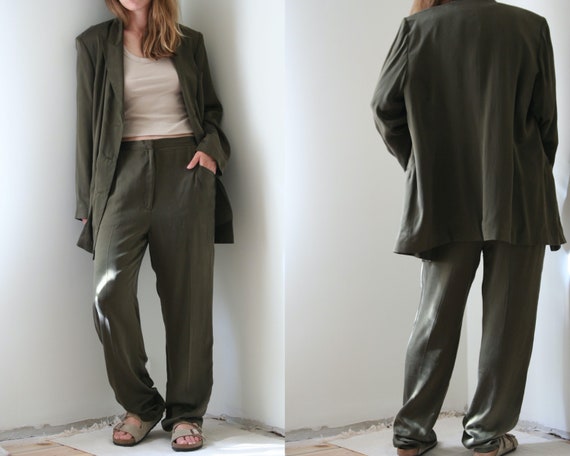 vintage oversized silk suit/green pants suit/women