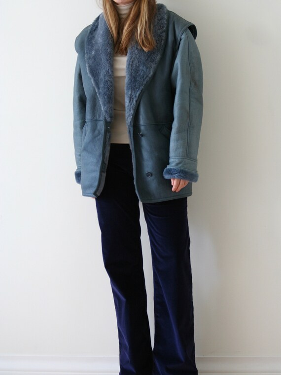 80s blue sheepskin coat/shearling coat vintage - image 4