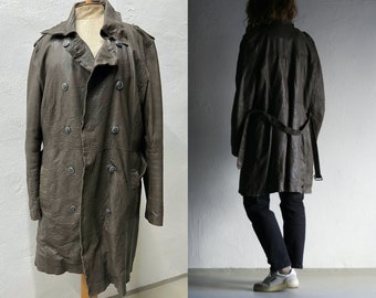 Oversized Gray Leather Trench Coat | Double-Breasted